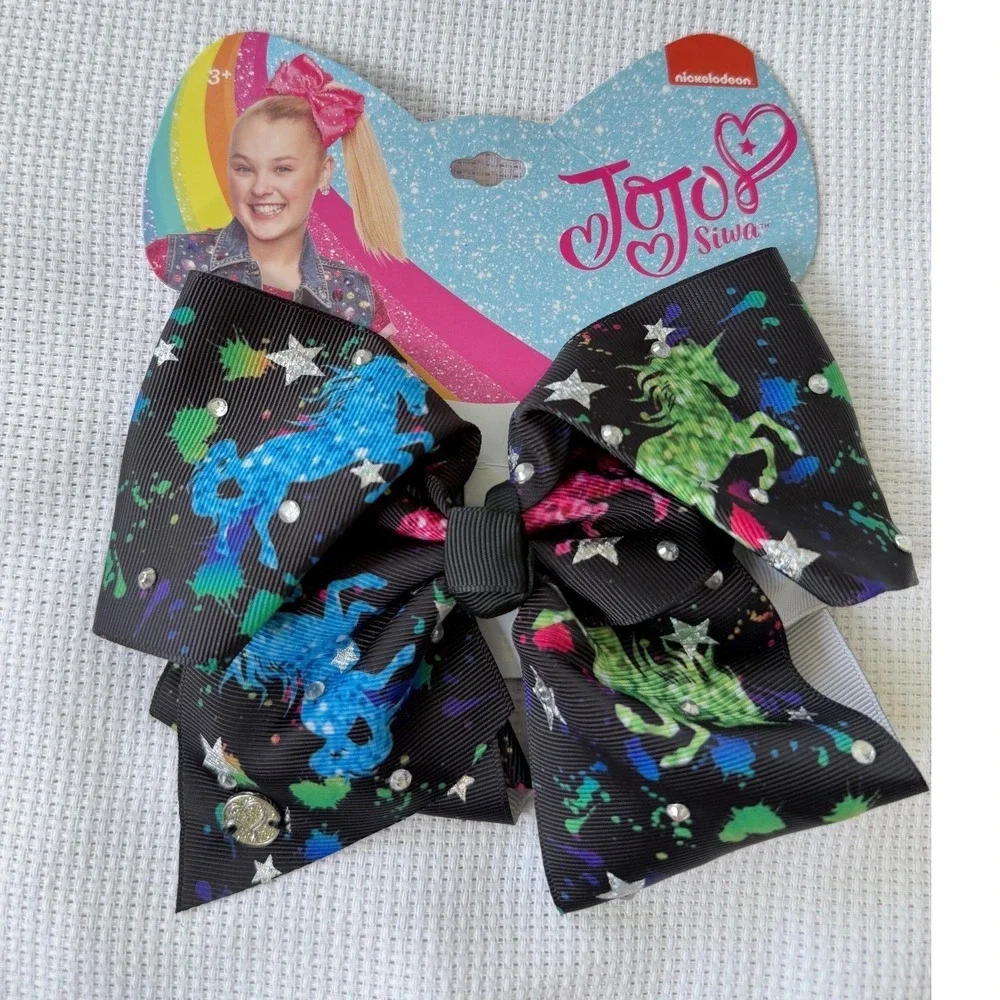 JoJo Siwa Signature Bow Black Paint Splatter Unicorn Rhinestone Hair Clip 6.5in
